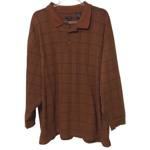 Y2K Van Heusen Studio Mens 4XL Rust Brown Grid Long Sleeve Polo Shirt Grandpa